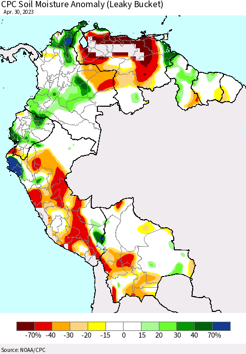 Northern South America CPC Soil Moisture Anomaly (Leaky Bucket) Thematic Map For 4/26/2023 - 4/30/2023