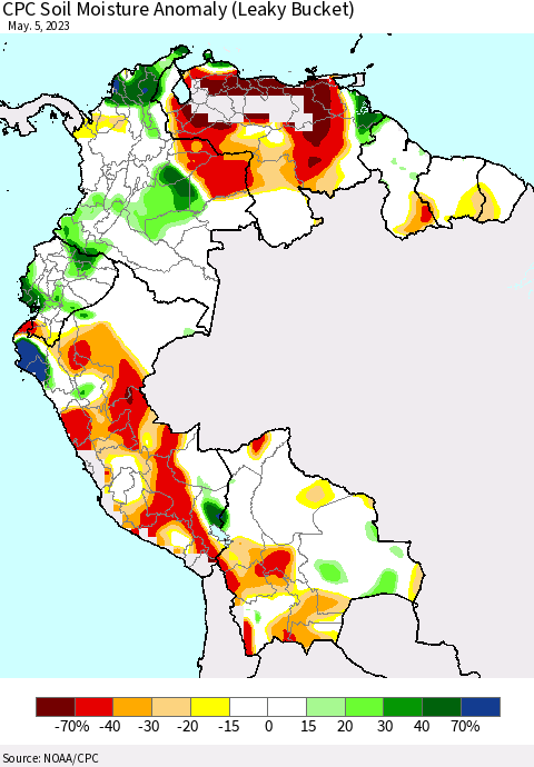 Northern South America CPC Soil Moisture Anomaly (Leaky Bucket) Thematic Map For 5/1/2023 - 5/5/2023