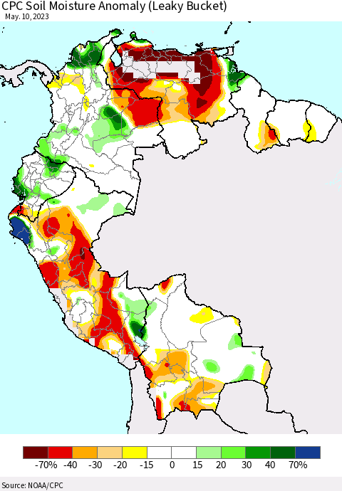Northern South America CPC Soil Moisture Anomaly (Leaky Bucket) Thematic Map For 5/6/2023 - 5/10/2023