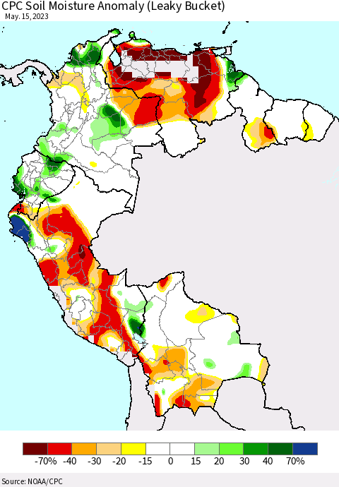 Northern South America CPC Soil Moisture Anomaly (Leaky Bucket) Thematic Map For 5/11/2023 - 5/15/2023