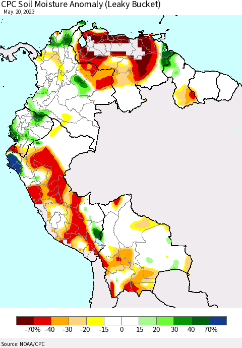Northern South America CPC Soil Moisture Anomaly (Leaky Bucket) Thematic Map For 5/16/2023 - 5/20/2023