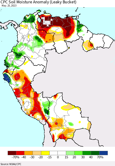 Northern South America CPC Soil Moisture Anomaly (Leaky Bucket) Thematic Map For 5/21/2023 - 5/25/2023