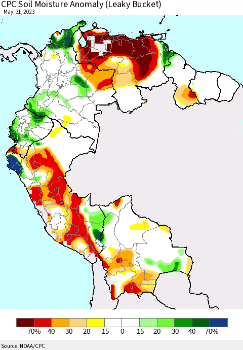 Northern South America CPC Soil Moisture Anomaly (Leaky Bucket) Thematic Map For 5/26/2023 - 5/31/2023