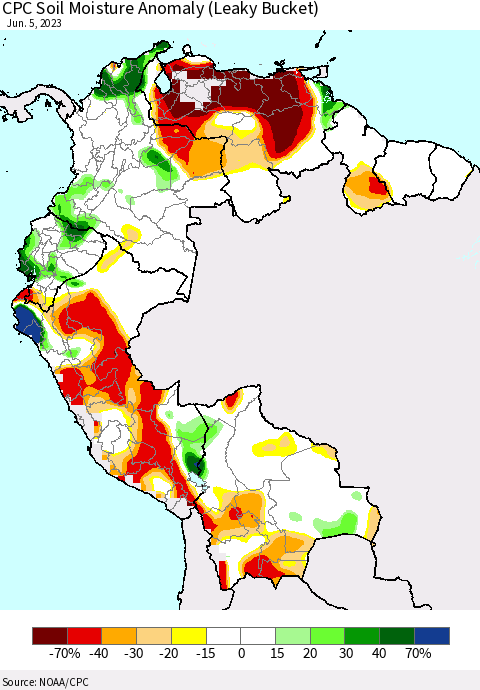 Northern South America CPC Soil Moisture Anomaly (Leaky Bucket) Thematic Map For 6/1/2023 - 6/5/2023