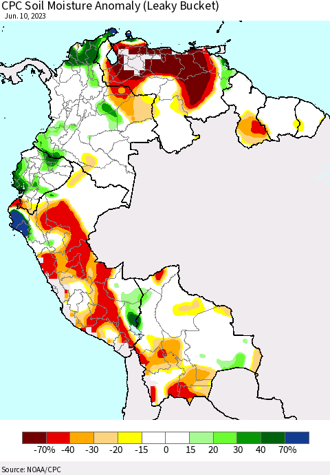 Northern South America CPC Soil Moisture Anomaly (Leaky Bucket) Thematic Map For 6/6/2023 - 6/10/2023