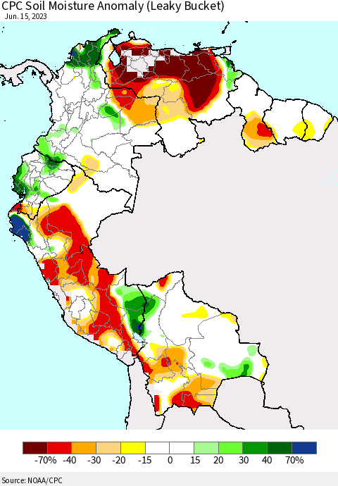 Northern South America CPC Soil Moisture Anomaly (Leaky Bucket) Thematic Map For 6/11/2023 - 6/15/2023