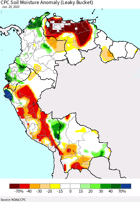 Northern South America CPC Soil Moisture Anomaly (Leaky Bucket) Thematic Map For 6/16/2023 - 6/20/2023
