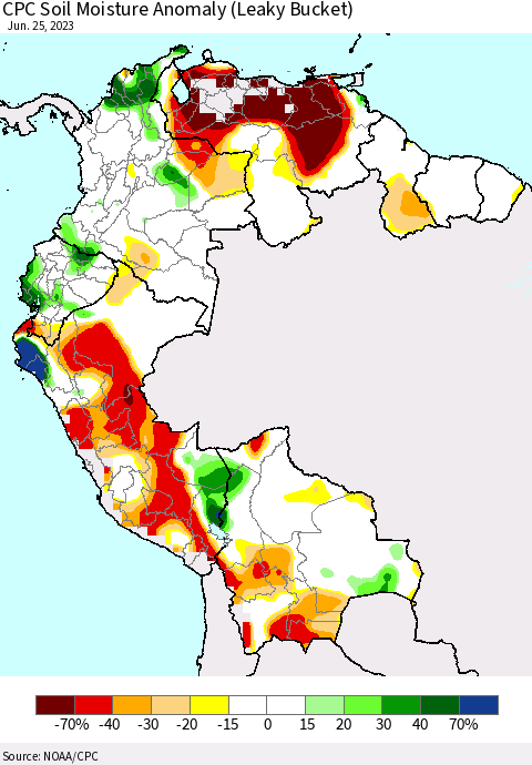 Northern South America CPC Soil Moisture Anomaly (Leaky Bucket) Thematic Map For 6/21/2023 - 6/25/2023