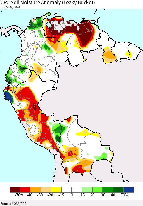 Northern South America CPC Soil Moisture Anomaly (Leaky Bucket) Thematic Map For 6/26/2023 - 6/30/2023