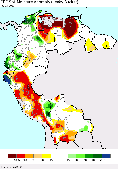 Northern South America CPC Soil Moisture Anomaly (Leaky Bucket) Thematic Map For 7/1/2023 - 7/5/2023
