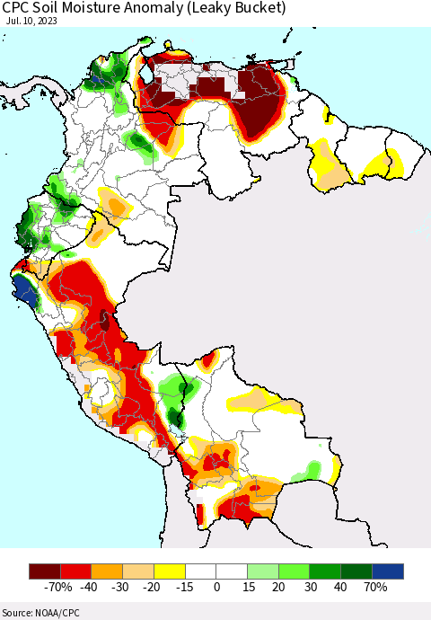 Northern South America CPC Soil Moisture Anomaly (Leaky Bucket) Thematic Map For 7/6/2023 - 7/10/2023