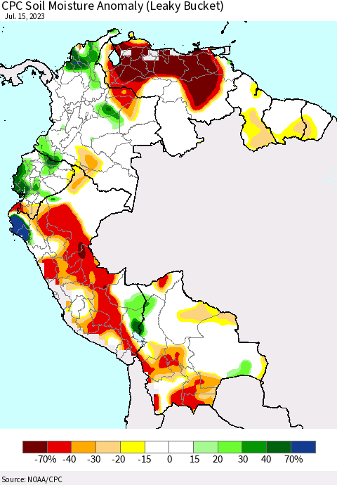 Northern South America CPC Soil Moisture Anomaly (Leaky Bucket) Thematic Map For 7/11/2023 - 7/15/2023