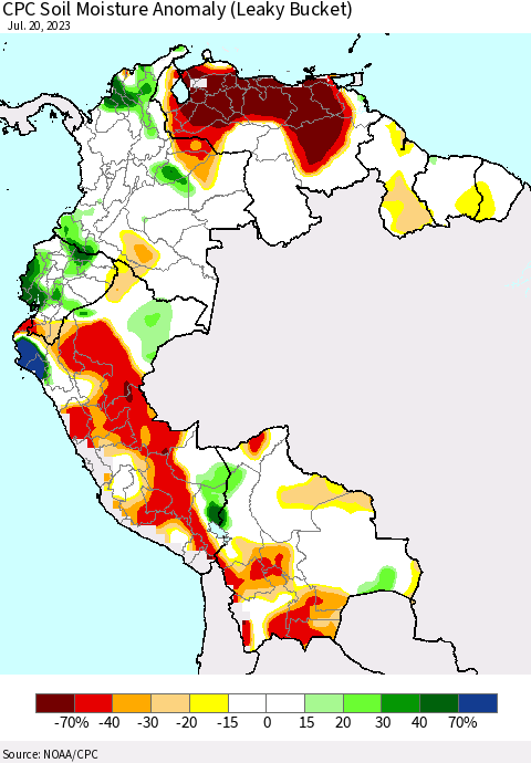 Northern South America CPC Soil Moisture Anomaly (Leaky Bucket) Thematic Map For 7/16/2023 - 7/20/2023
