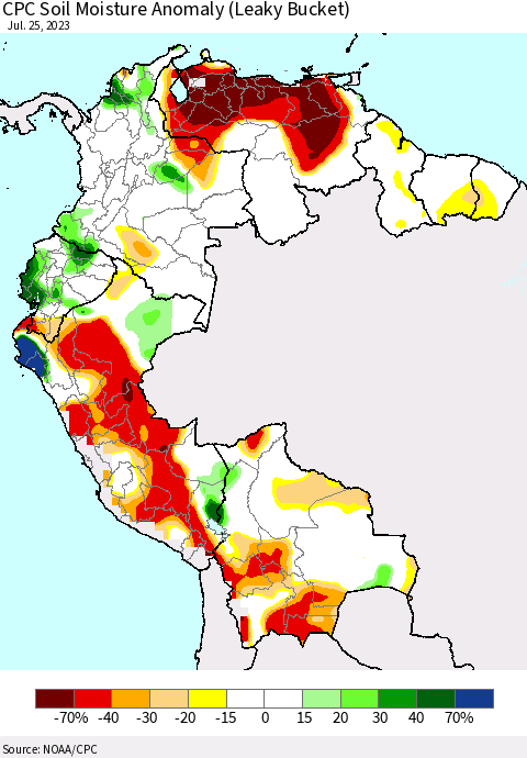 Northern South America CPC Soil Moisture Anomaly (Leaky Bucket) Thematic Map For 7/21/2023 - 7/25/2023