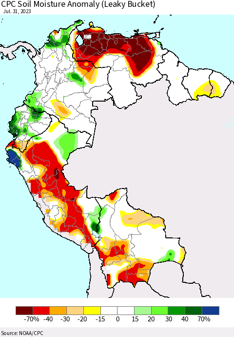 Northern South America CPC Soil Moisture Anomaly (Leaky Bucket) Thematic Map For 7/26/2023 - 7/31/2023