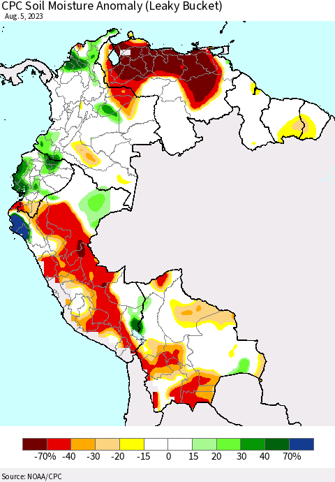 Northern South America CPC Soil Moisture Anomaly (Leaky Bucket) Thematic Map For 8/1/2023 - 8/5/2023