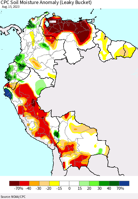 Northern South America CPC Soil Moisture Anomaly (Leaky Bucket) Thematic Map For 8/11/2023 - 8/15/2023