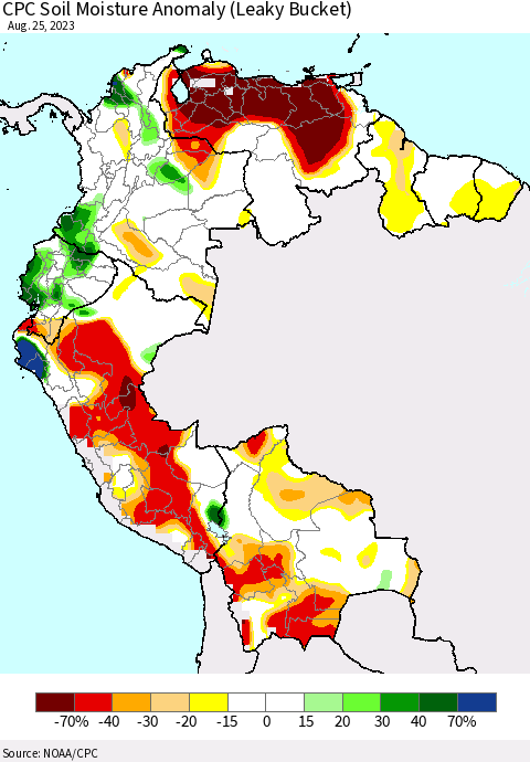 Northern South America CPC Soil Moisture Anomaly (Leaky Bucket) Thematic Map For 8/21/2023 - 8/25/2023