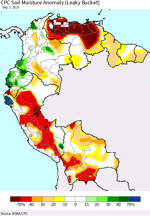Northern South America CPC Soil Moisture Anomaly (Leaky Bucket) Thematic Map For 9/1/2023 - 9/5/2023