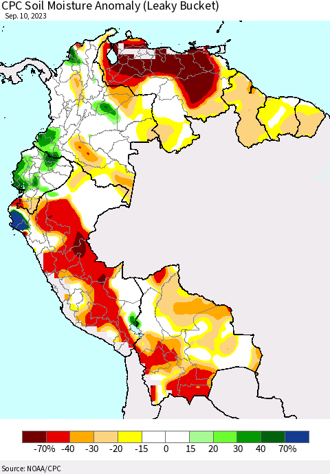 Northern South America CPC Soil Moisture Anomaly (Leaky Bucket) Thematic Map For 9/6/2023 - 9/10/2023