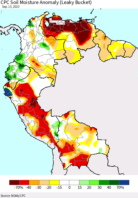 Northern South America CPC Soil Moisture Anomaly (Leaky Bucket) Thematic Map For 9/11/2023 - 9/15/2023