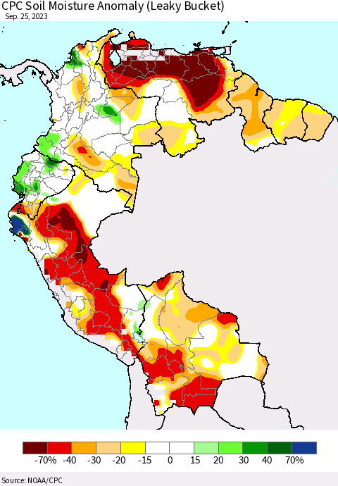 Northern South America CPC Soil Moisture Anomaly (Leaky Bucket) Thematic Map For 9/21/2023 - 9/25/2023