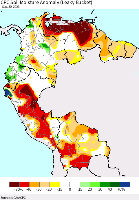Northern South America CPC Soil Moisture Anomaly (Leaky Bucket) Thematic Map For 9/26/2023 - 9/30/2023