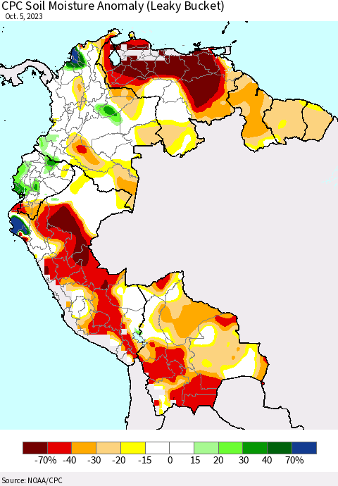 Northern South America CPC Soil Moisture Anomaly (Leaky Bucket) Thematic Map For 10/1/2023 - 10/5/2023