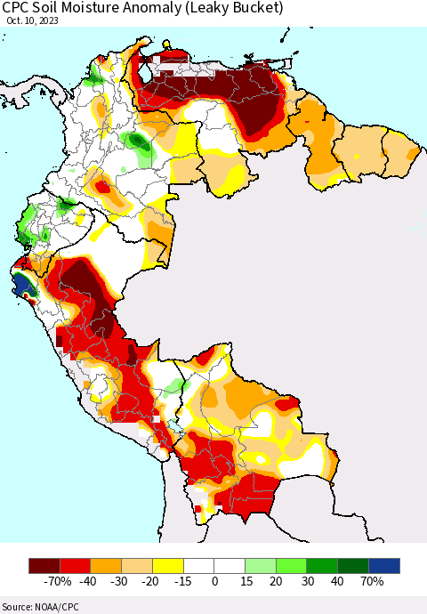 Northern South America CPC Soil Moisture Anomaly (Leaky Bucket) Thematic Map For 10/6/2023 - 10/10/2023