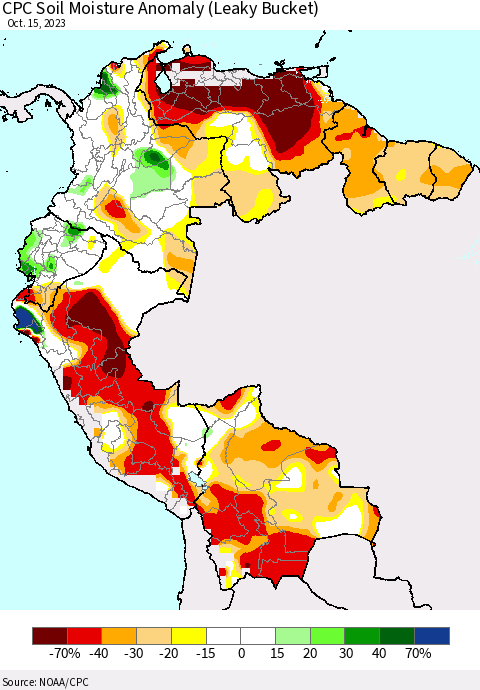 Northern South America CPC Soil Moisture Anomaly (Leaky Bucket) Thematic Map For 10/11/2023 - 10/15/2023