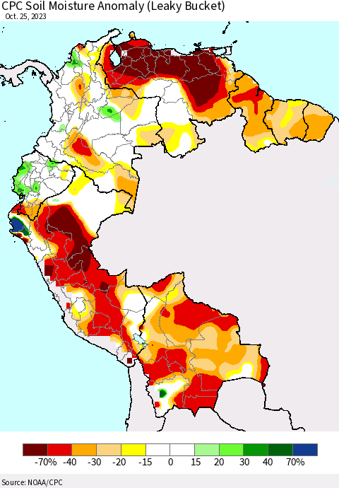 Northern South America CPC Soil Moisture Anomaly (Leaky Bucket) Thematic Map For 10/21/2023 - 10/25/2023