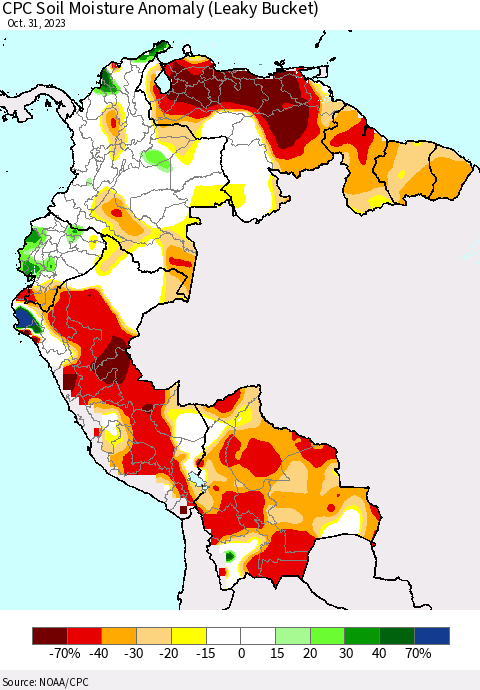 Northern South America CPC Soil Moisture Anomaly (Leaky Bucket) Thematic Map For 10/26/2023 - 10/31/2023