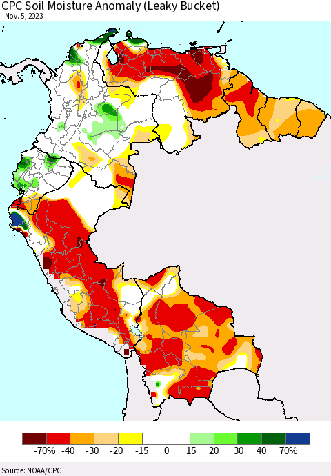 Northern South America CPC Soil Moisture Anomaly (Leaky Bucket) Thematic Map For 11/1/2023 - 11/5/2023
