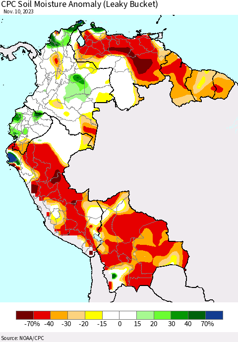 Northern South America CPC Soil Moisture Anomaly (Leaky Bucket) Thematic Map For 11/6/2023 - 11/10/2023