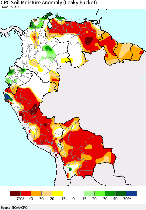 Northern South America CPC Soil Moisture Anomaly (Leaky Bucket) Thematic Map For 11/11/2023 - 11/15/2023