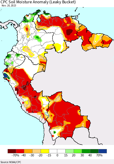 Northern South America CPC Soil Moisture Anomaly (Leaky Bucket) Thematic Map For 11/16/2023 - 11/20/2023