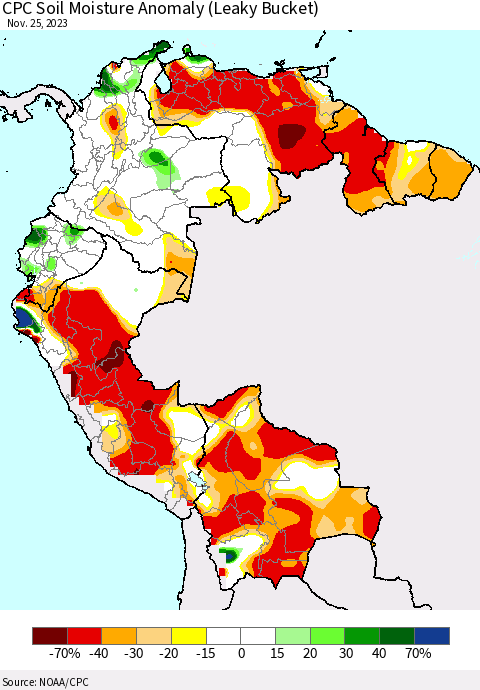 Northern South America CPC Soil Moisture Anomaly (Leaky Bucket) Thematic Map For 11/21/2023 - 11/25/2023
