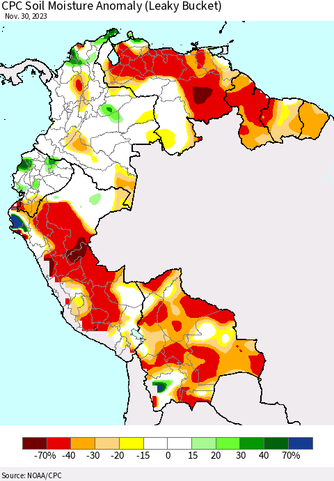 Northern South America CPC Soil Moisture Anomaly (Leaky Bucket) Thematic Map For 11/26/2023 - 11/30/2023