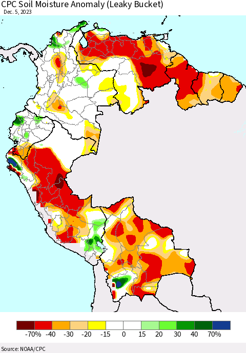 Northern South America CPC Soil Moisture Anomaly (Leaky Bucket) Thematic Map For 12/1/2023 - 12/5/2023