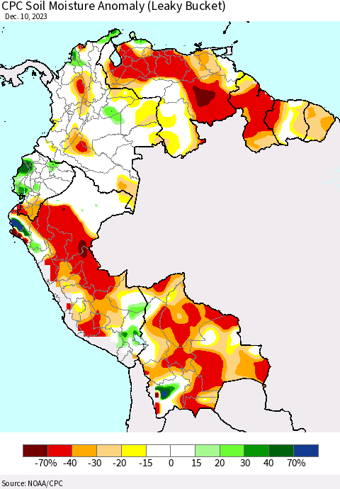 Northern South America CPC Soil Moisture Anomaly (Leaky Bucket) Thematic Map For 12/6/2023 - 12/10/2023