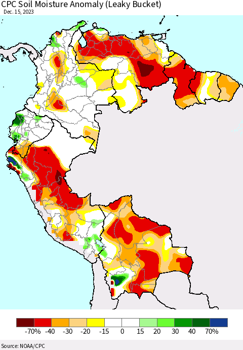 Northern South America CPC Soil Moisture Anomaly (Leaky Bucket) Thematic Map For 12/11/2023 - 12/15/2023