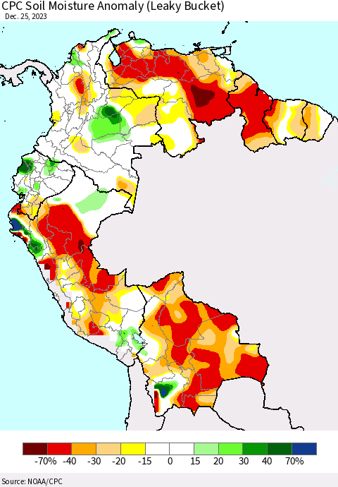 Northern South America CPC Soil Moisture Anomaly (Leaky Bucket) Thematic Map For 12/21/2023 - 12/25/2023