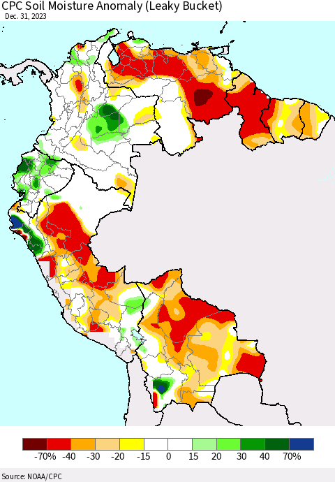 Northern South America CPC Soil Moisture Anomaly (Leaky Bucket) Thematic Map For 12/26/2023 - 12/31/2023