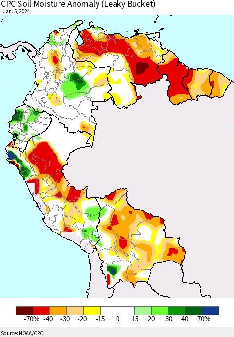 Northern South America CPC Soil Moisture Anomaly (Leaky Bucket) Thematic Map For 1/1/2024 - 1/5/2024