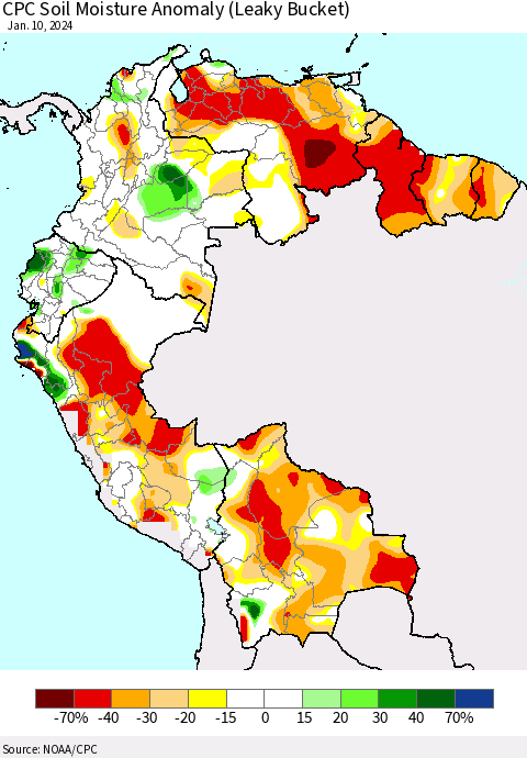Northern South America CPC Soil Moisture Anomaly (Leaky Bucket) Thematic Map For 1/6/2024 - 1/10/2024