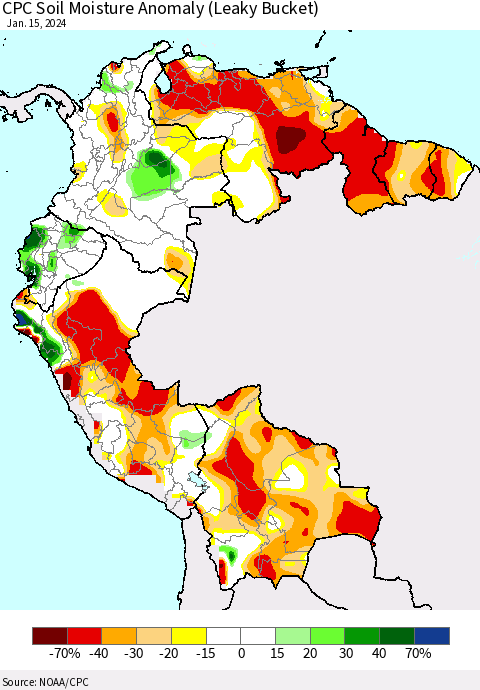 Northern South America CPC Soil Moisture Anomaly (Leaky Bucket) Thematic Map For 1/11/2024 - 1/15/2024
