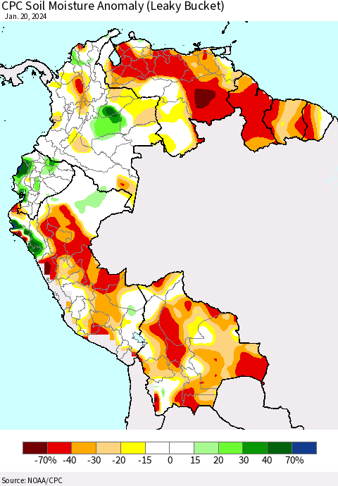 Northern South America CPC Soil Moisture Anomaly (Leaky Bucket) Thematic Map For 1/16/2024 - 1/20/2024