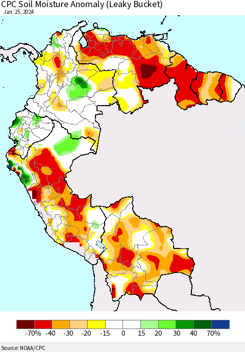 Northern South America CPC Soil Moisture Anomaly (Leaky Bucket) Thematic Map For 1/21/2024 - 1/25/2024