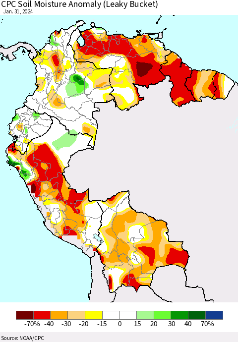 Northern South America CPC Soil Moisture Anomaly (Leaky Bucket) Thematic Map For 1/26/2024 - 1/31/2024