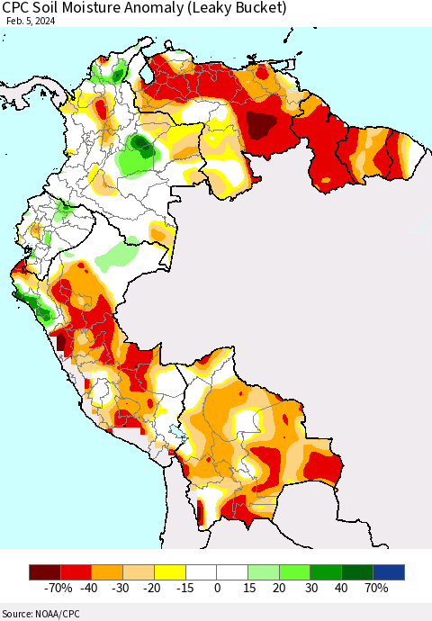 Northern South America CPC Soil Moisture Anomaly (Leaky Bucket) Thematic Map For 2/1/2024 - 2/5/2024